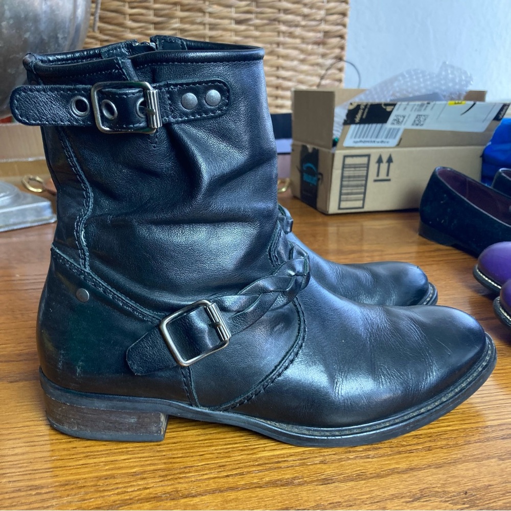 Black Leather Ankle Boots with Buckle Strap